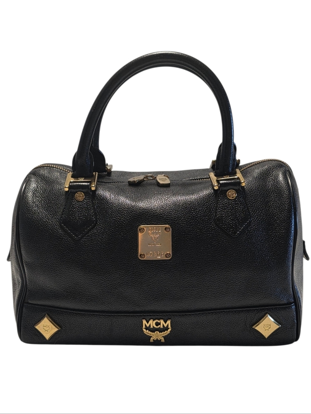 MCM Boston Bag With Gold Hardware Classic Black Leather Dome Satchel Handbag - Picture 4 of 15